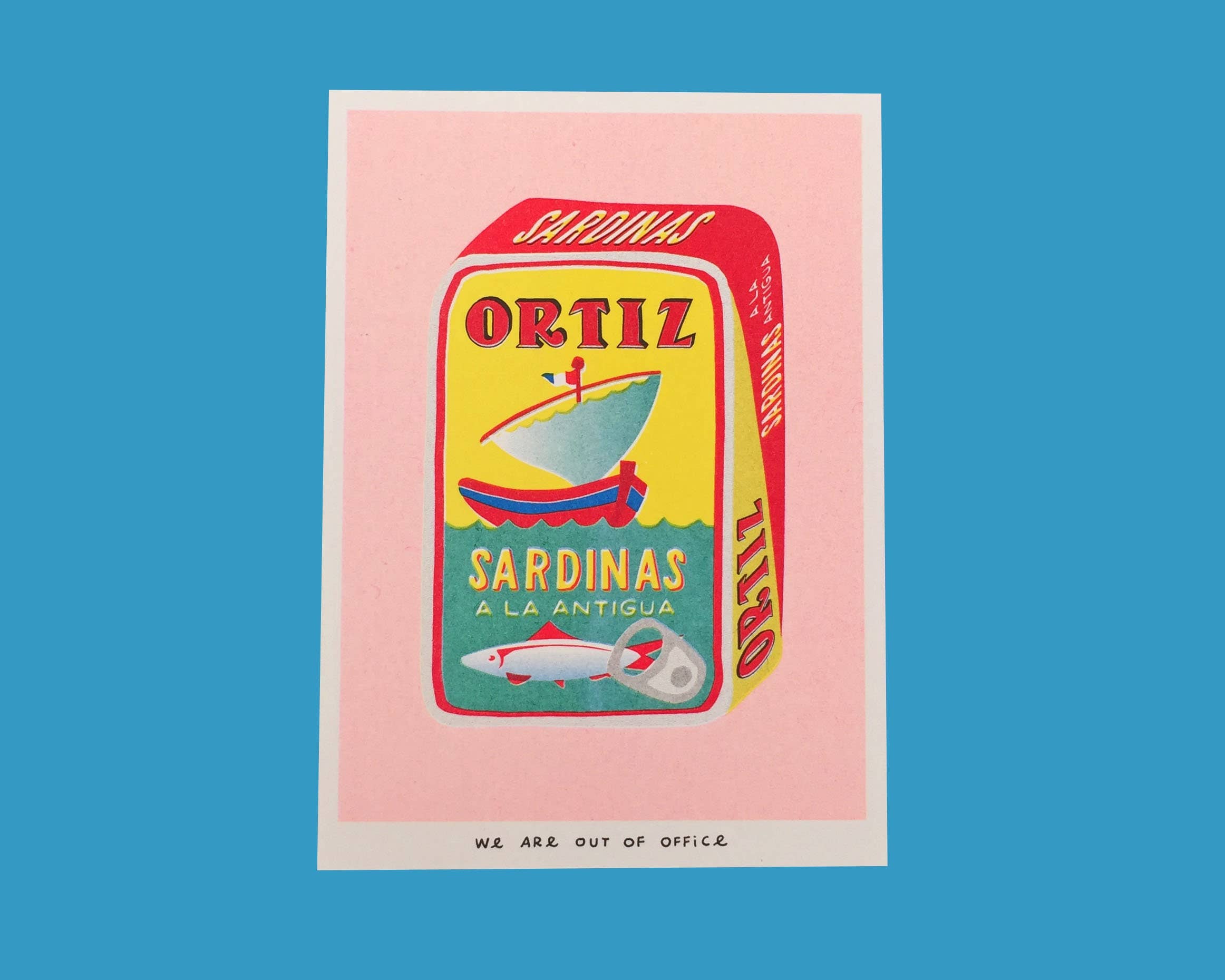 A risograph print of a can full of sardinas