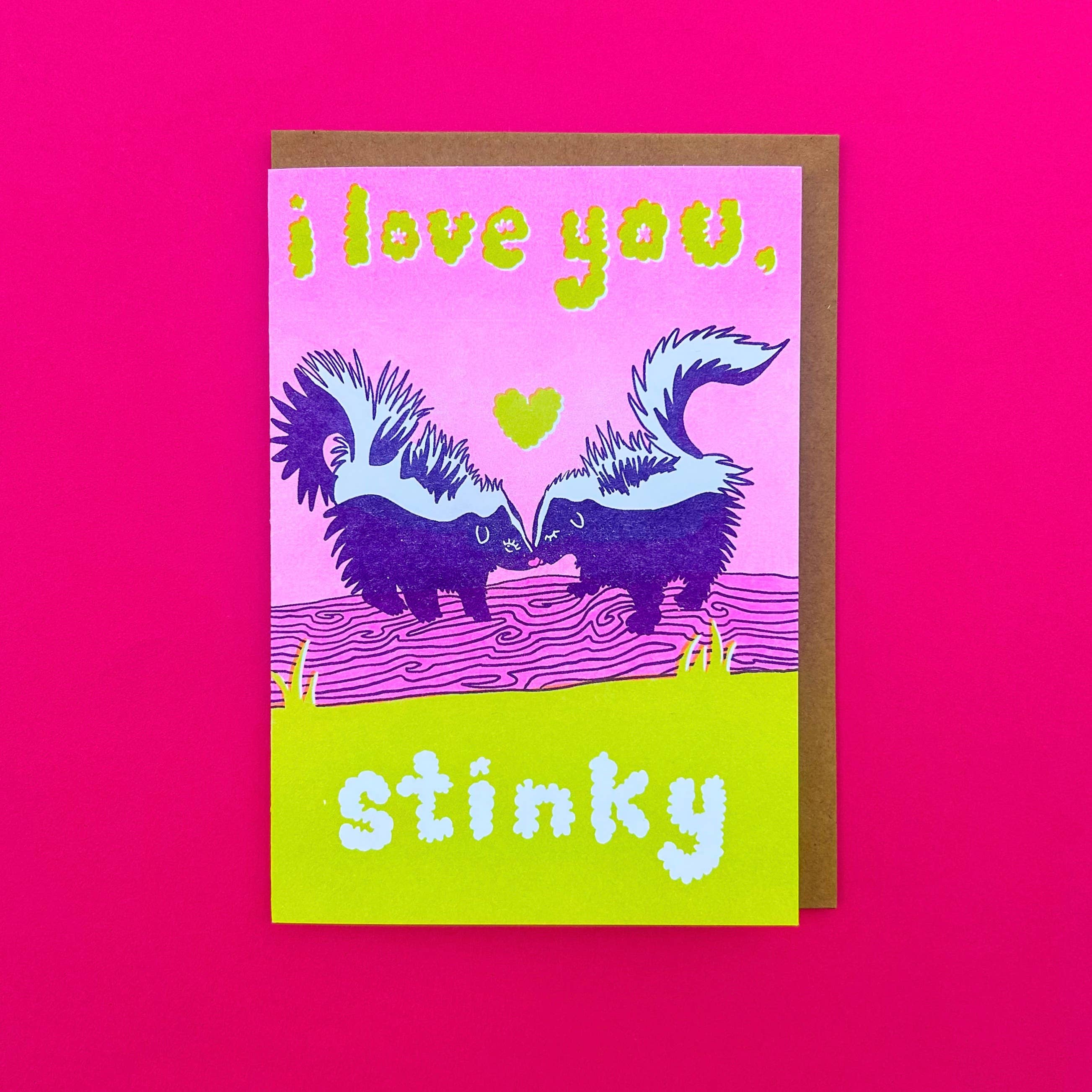 Love You Stinky Skunk Card Risograph Greeting Card