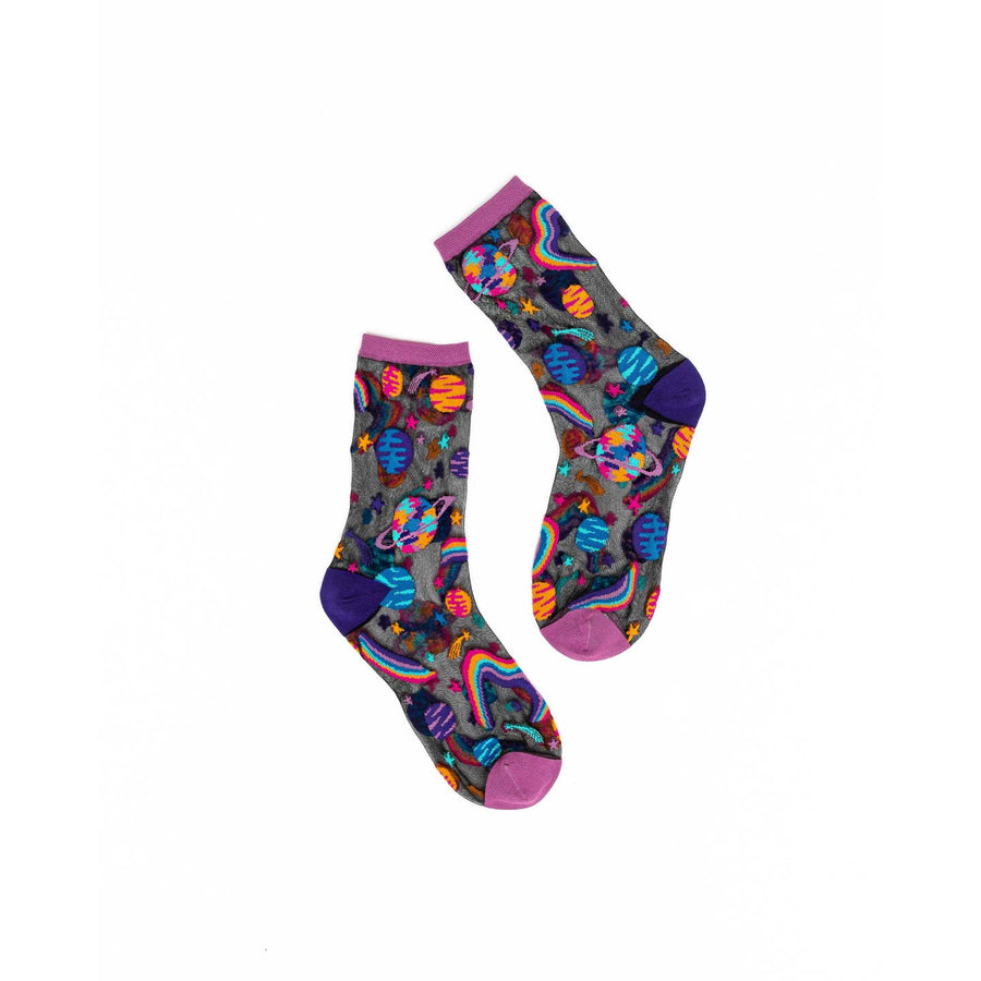 Pop Art Planets Black Sheer Crew Sock