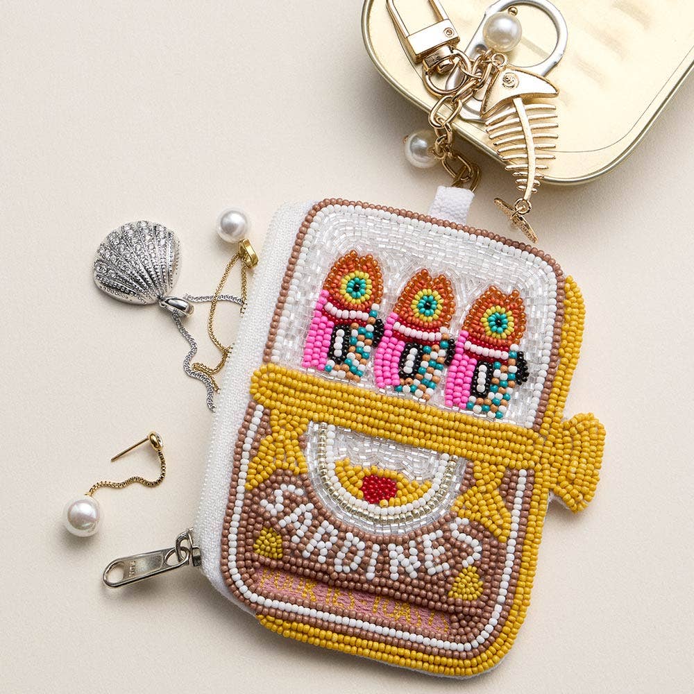 Fishbone Pearl Charm Keychain Sardine Can Seed Beaded Mini Pouch Bag