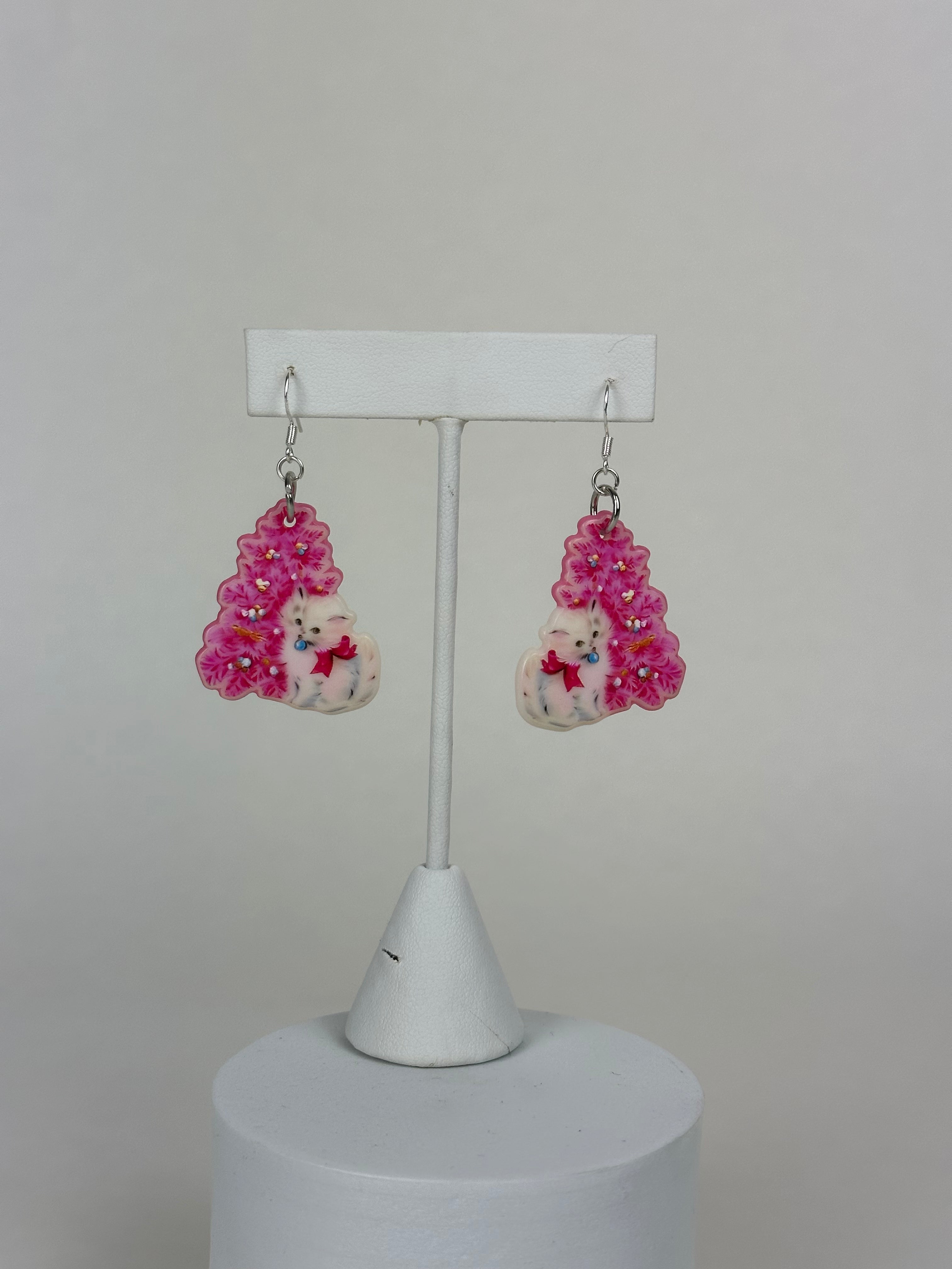 Pink Tree Cats - Holiday Earrings