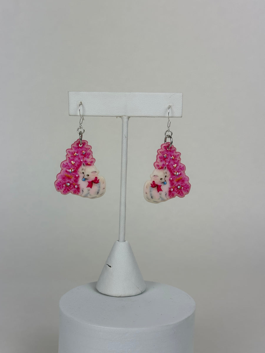 Pink Tree Cats - Holiday Earrings