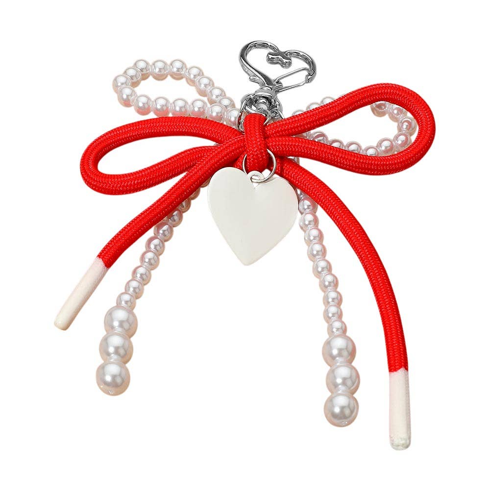 Heart Charm Dangle Double Pearl Beaded Loop Bow Keychain / Bag Charm