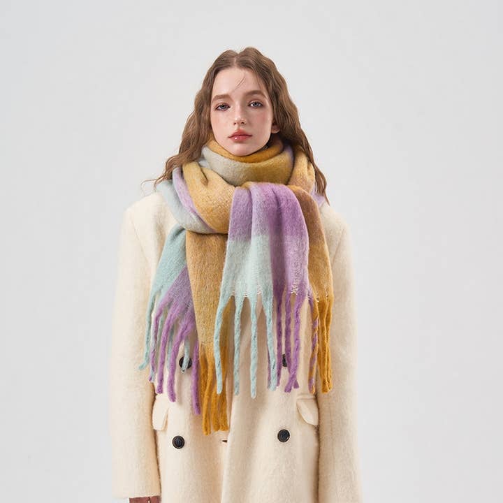 Rainbow Colorblock Fringed Cashmere Scarf