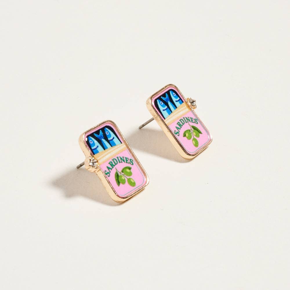 0.75 Inch Canned Sardines Rhinestone Post Earrings