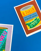 A risograph print of a can of sweet peas 