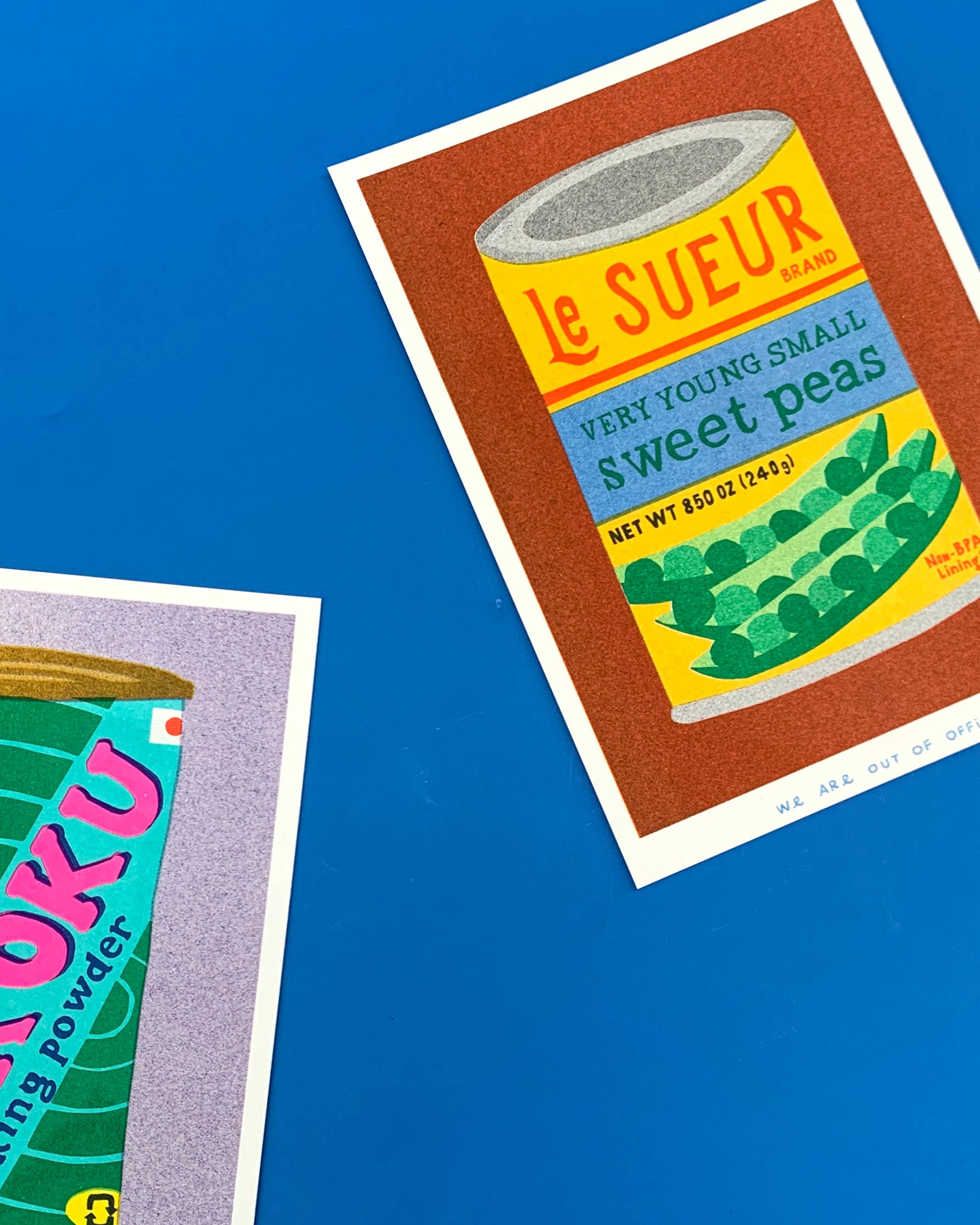 A risograph print of a can of sweet peas 
