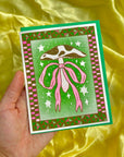 Mushroom Bow Greeting Card (Green and Pink)