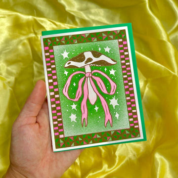 Mushroom Bow Greeting Card (Green and Pink)