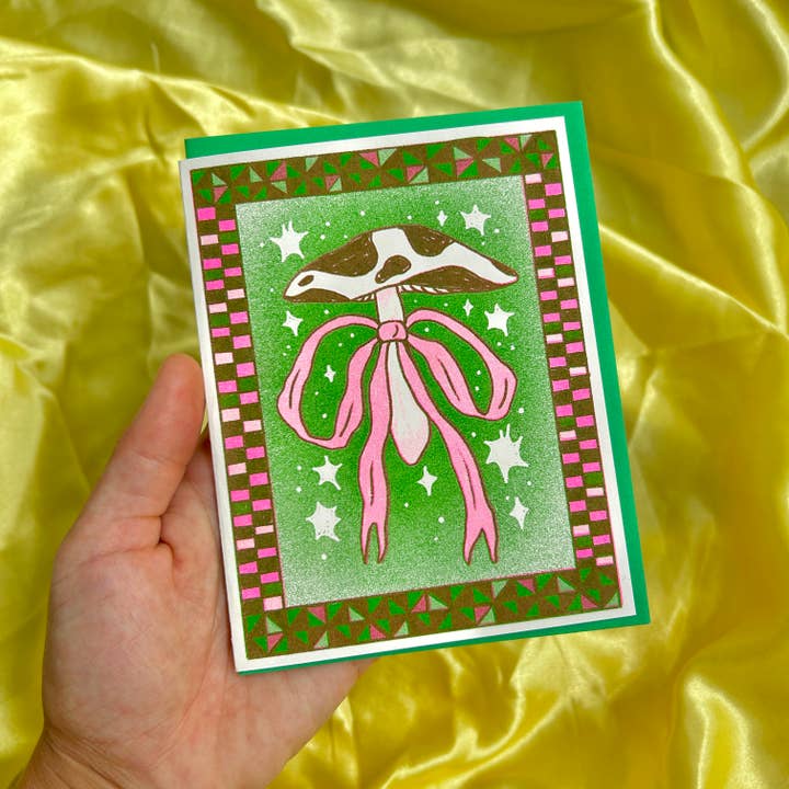 Mushroom Bow Greeting Card (Green and Pink)