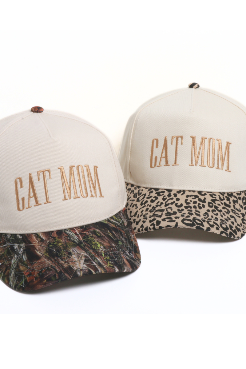 CAT MOM embroidered Camo Leopard Printed Brim 5 Panel Cap