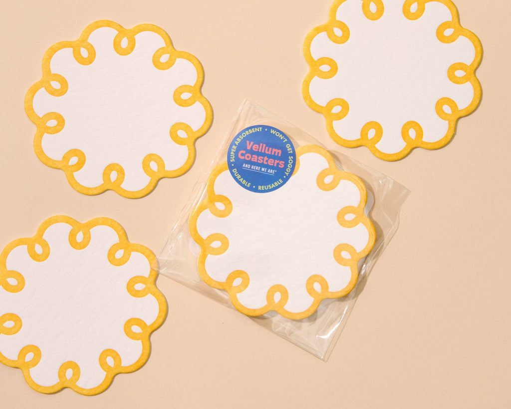 Letterpress Reusable Vellum Coasters—Coquette Scallop Yellow