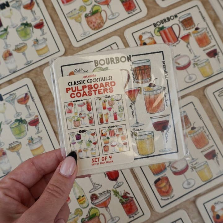 Classic Cocktail Variety Coaster Set of 4 (Bourbon, Gin, Vodka, Tequila)