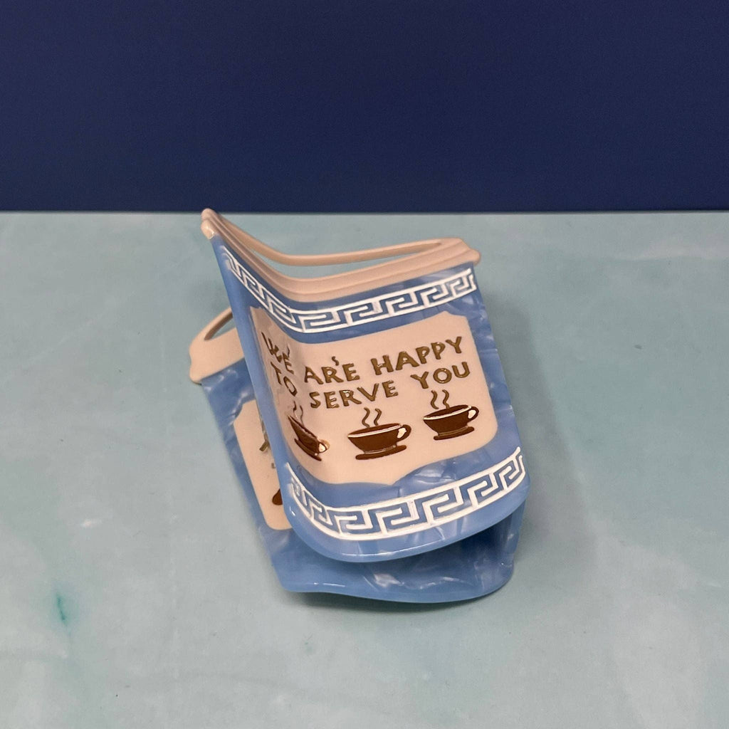 NYC Coffee Cup Hair Claw Clip – “We Are Happy to Serve You” Blue Greek Diner Inspired Accessory