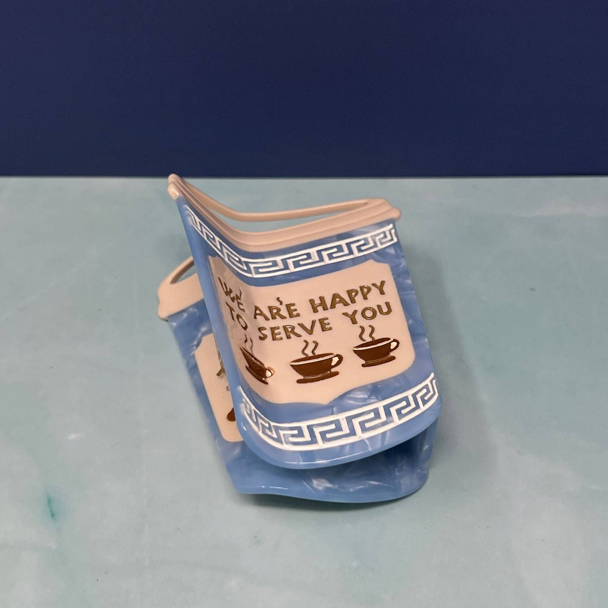 NYC Coffee Cup Hair Claw Clip – “We Are Happy to Serve You” Blue Greek Diner Inspired Accessory
