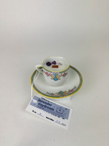 Lavender - Organic Soy Wax Candle, Petite Floral Vintage Teacup and Saucer