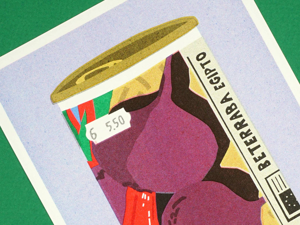 A risograph print of a can of a can with beet seeds
