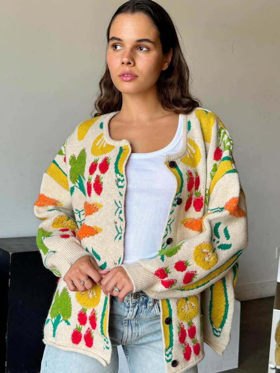 Multi Color Flower Patterned Knit Cardigan