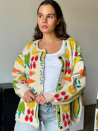 Multi Color Flower Patterned Knit Cardigan