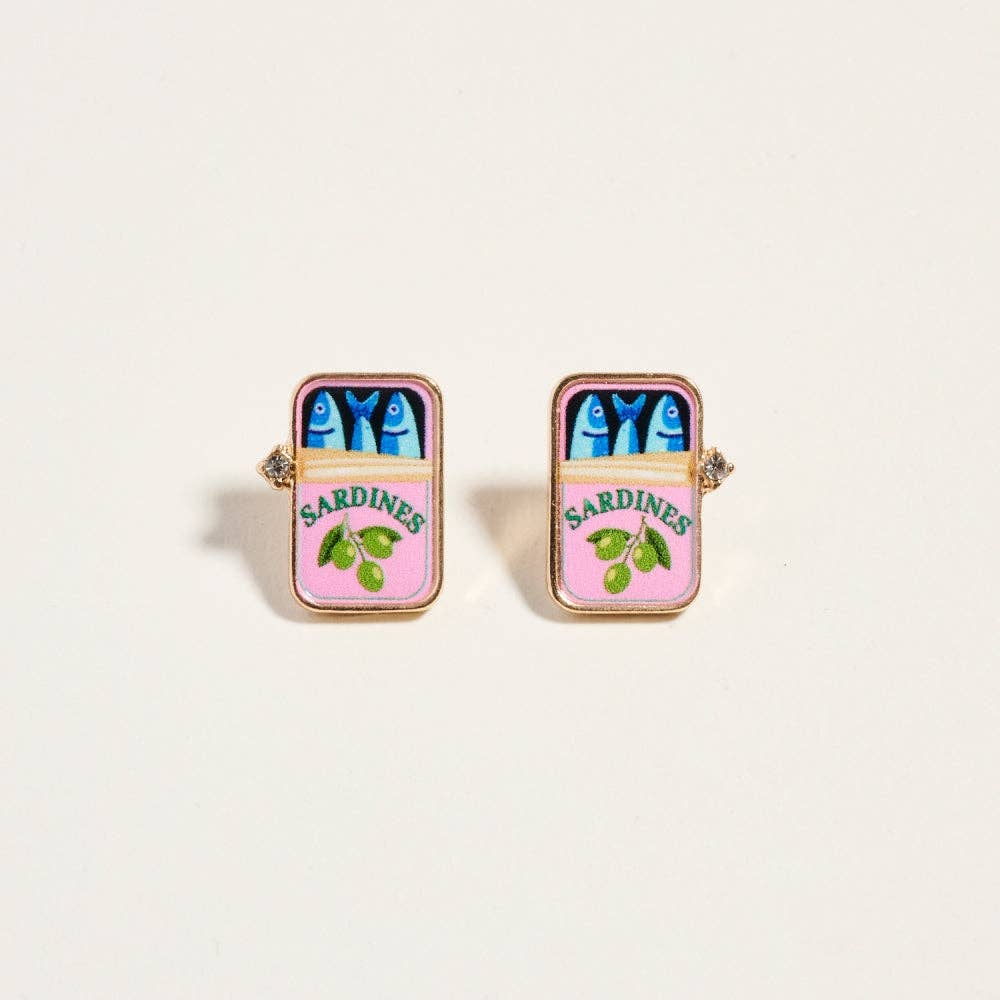 0.75 Inch Canned Sardines Rhinestone Post Earrings