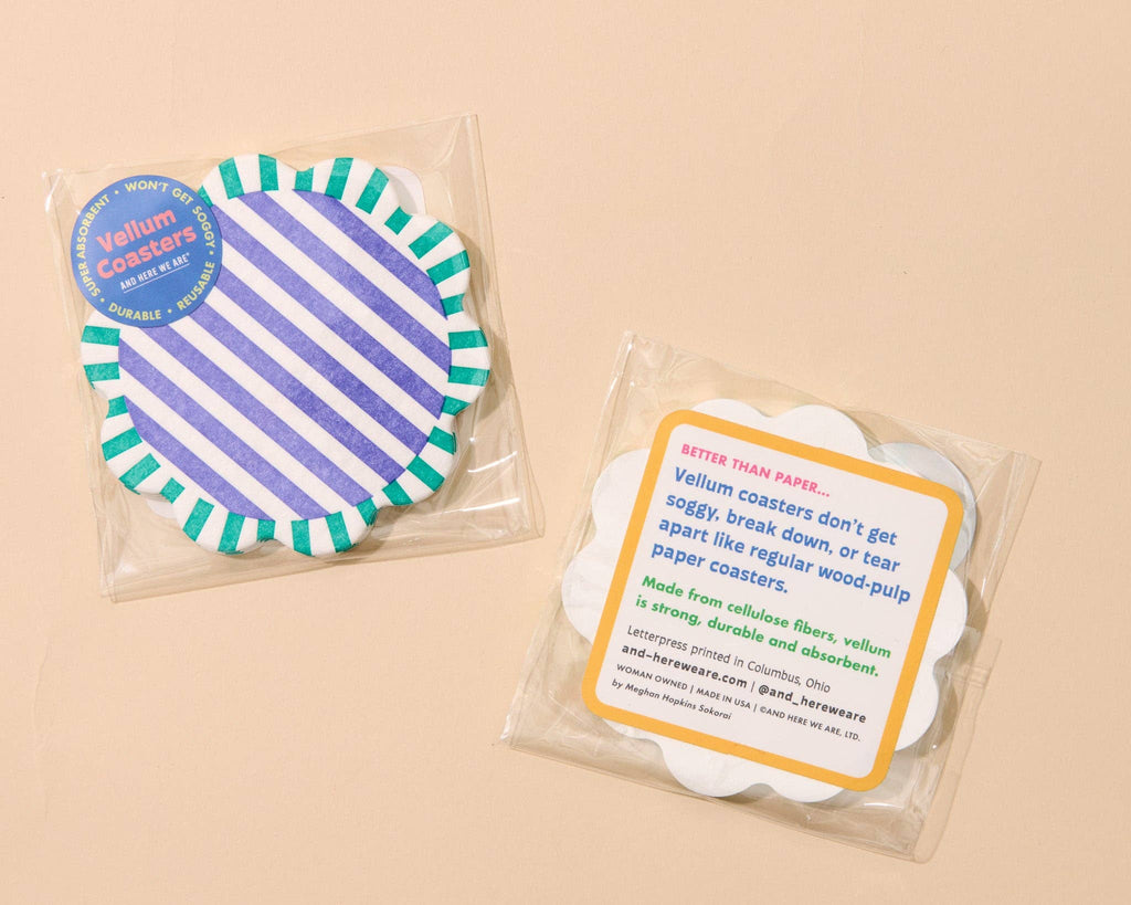 Letterpress Reusable Vellum Coasters—Capri Stripe: Teal/Purp
