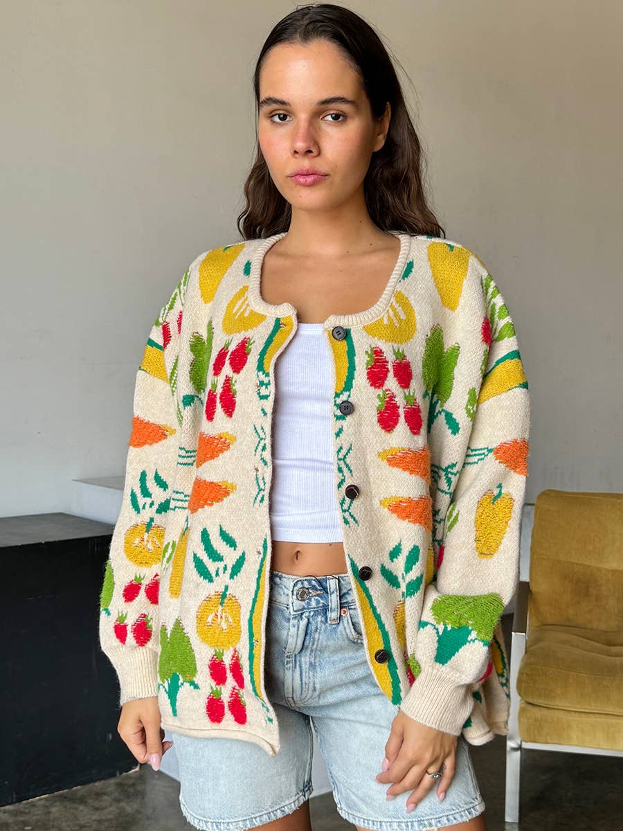 Multi Color Flower Patterned Knit Cardigan