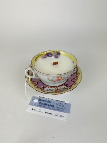 Lavender - Organic Soy Wax Candle, Colorful Vintage Teacup and Saucer