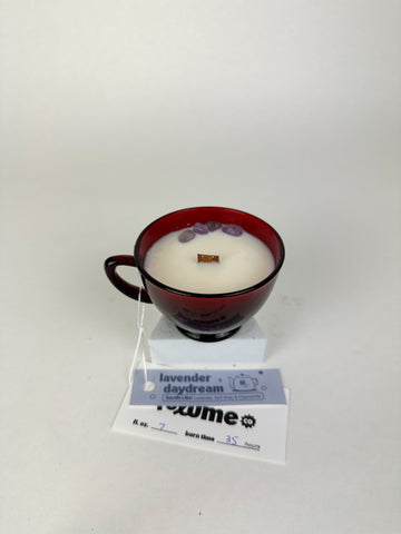 Lavender - Organic Soy Wax Candle, Translucent Red Teacup