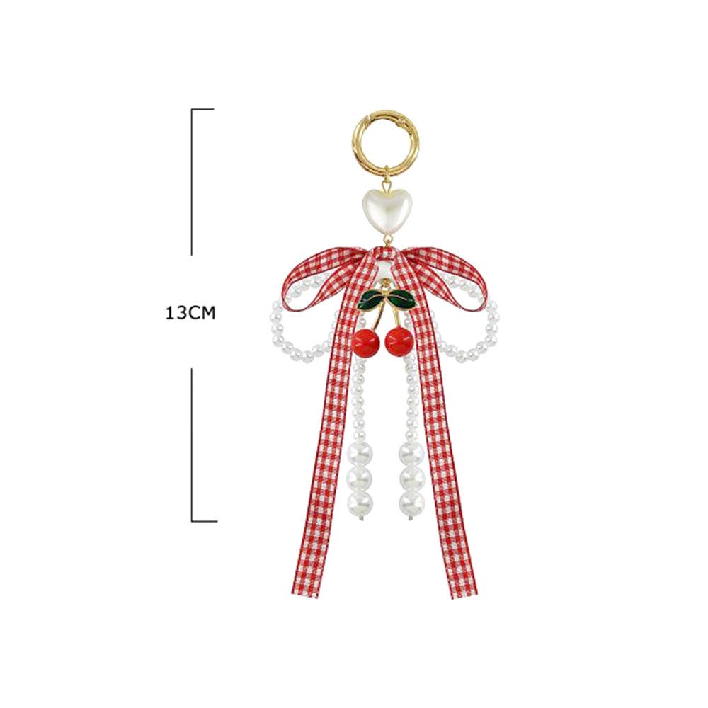 12PCS - Cherry Charm Accent Pearl Beaded Gingham Bow Bag Charm Keychains