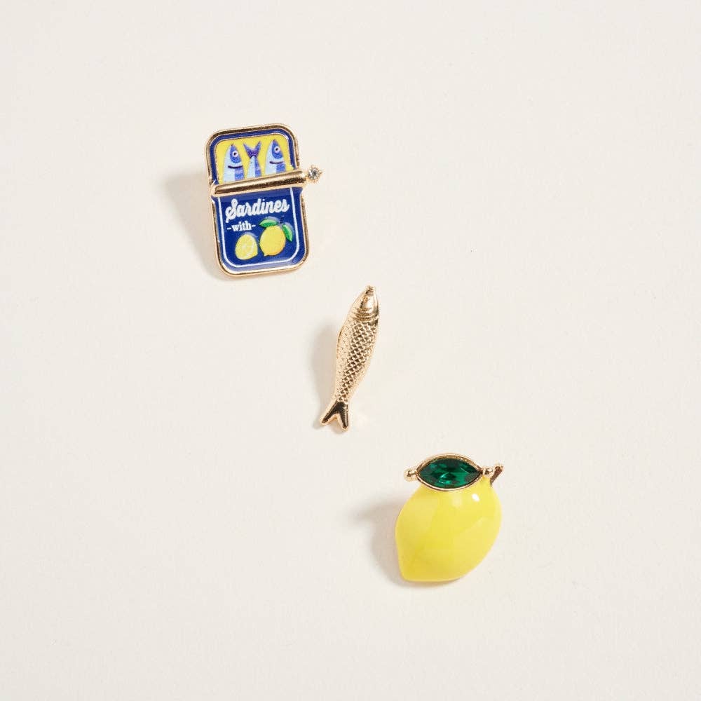 1 Inch Sardines Can Fish Lemon Brooch Pin Set of 3