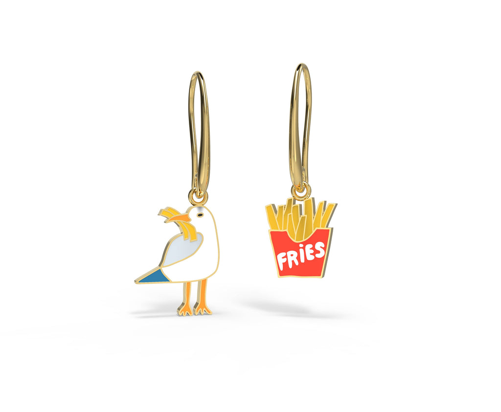 Seagull & Fries Earrings - Gold Coastal Beach Statement