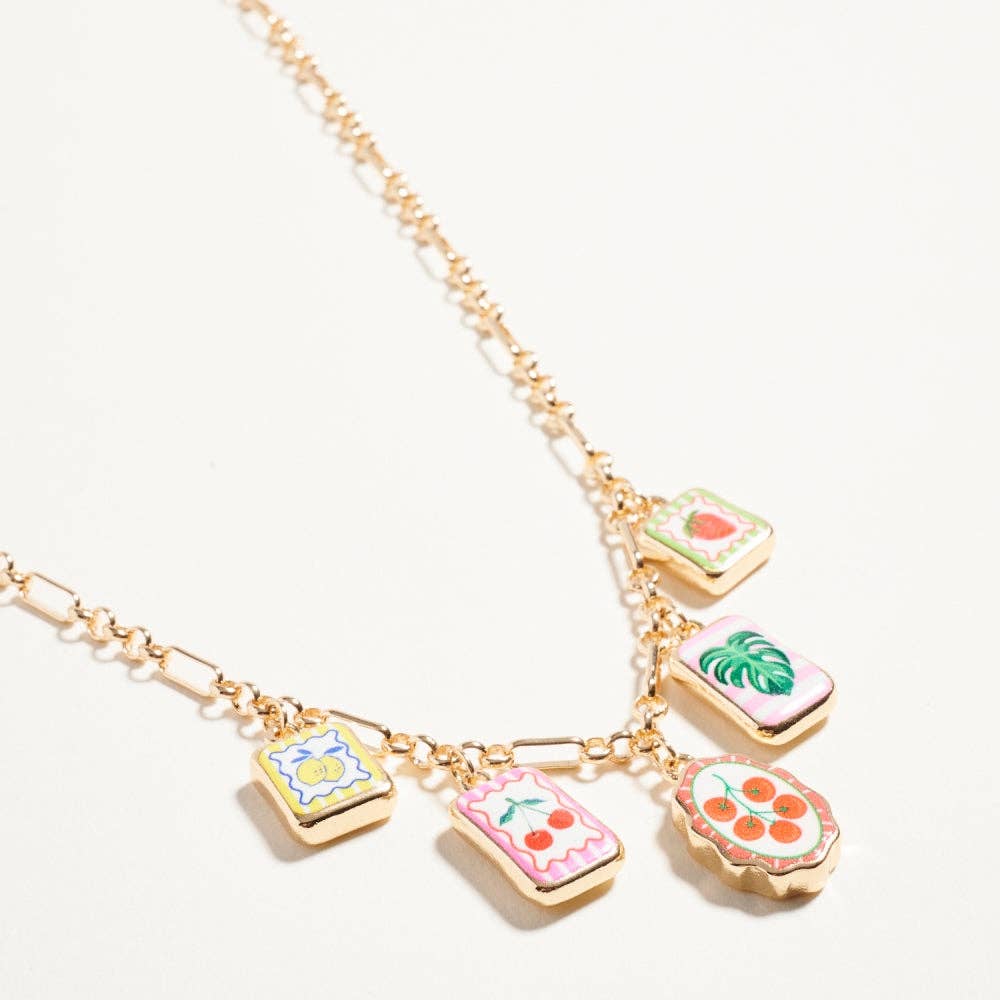 Vintage Fruit Plant Print Enamel Charm Necklace