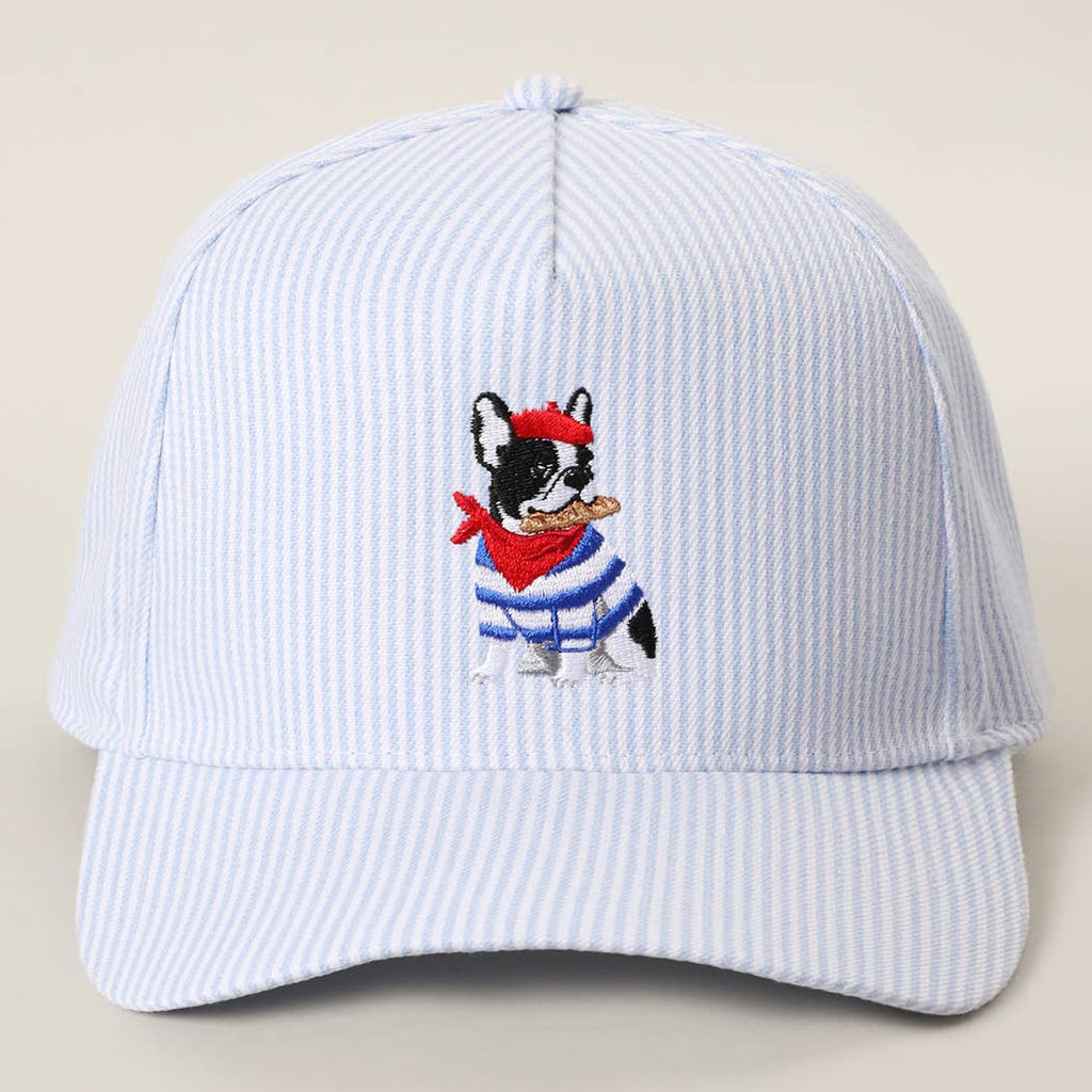 French Bulldog Embroidered Seersucker Stripe Trucker Hat