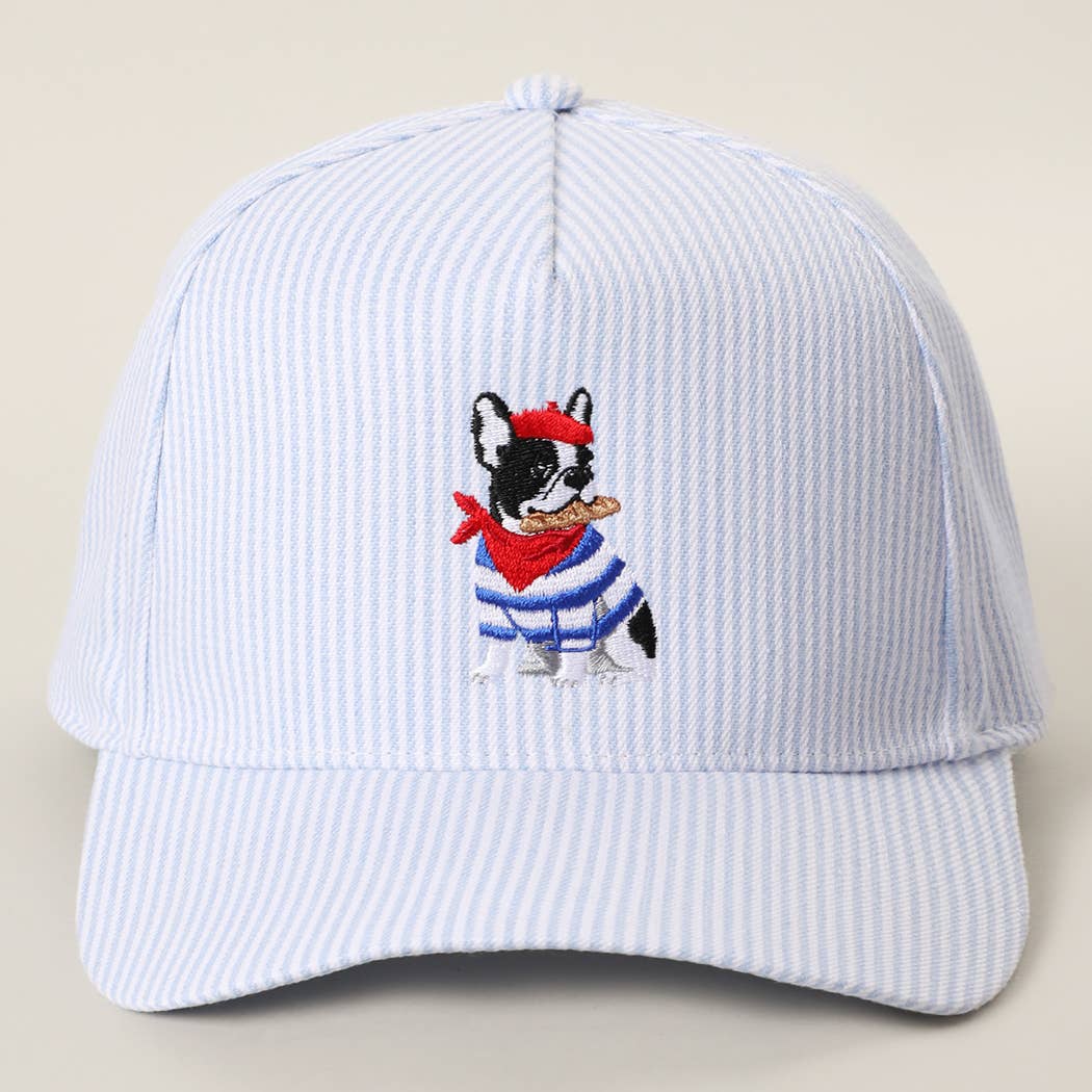 French Bulldog Embroidered Seersucker Stripe Trucker Hat
