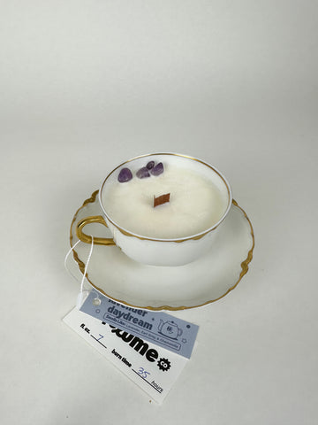 Lavender - Organic Soy Wax Candle, Vintage Teacup and Saucer with Gold Accents