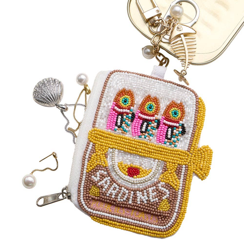 Fishbone Pearl Charm Keychain Sardine Can Seed Beaded Mini Pouch Bag
