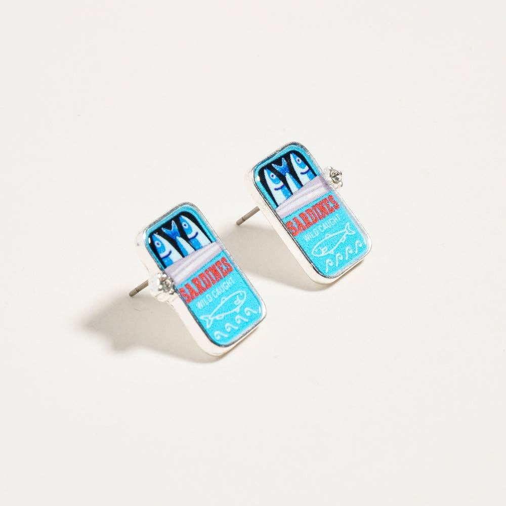 0.75 Inch Canned Sardines Rhinestone Post Earrings
