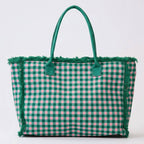 Gingham Check Terry Cloth Frayed Shoulder Tote Bag
