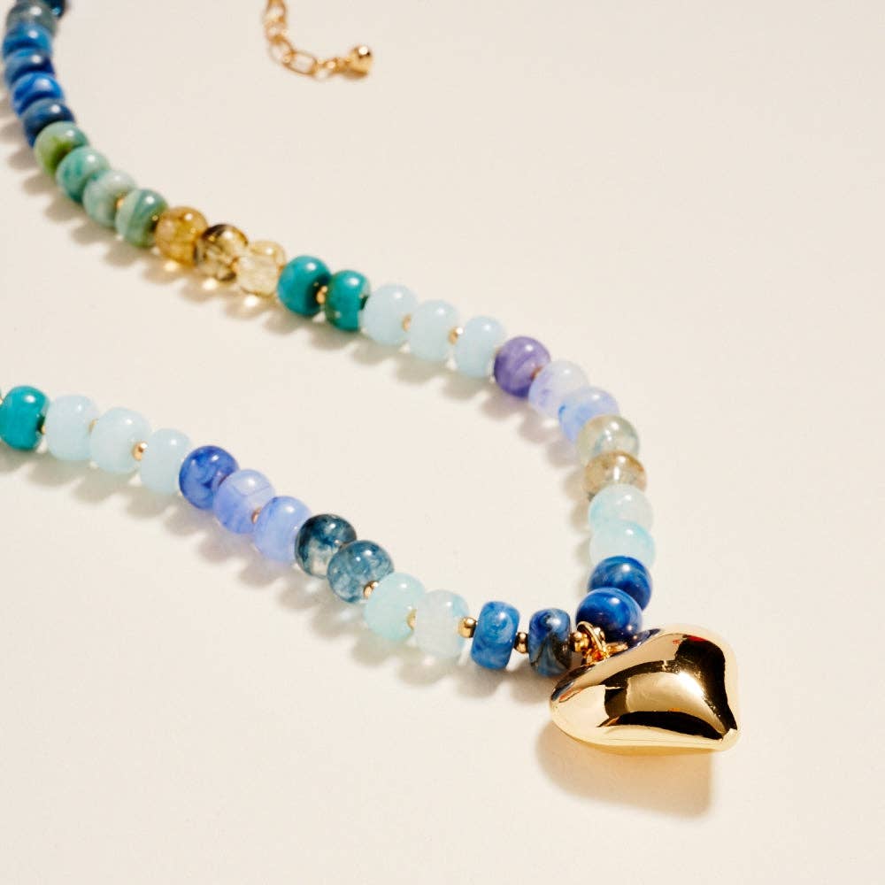 17 In Marbled Beaded Puffy Heart Pendant Necklace