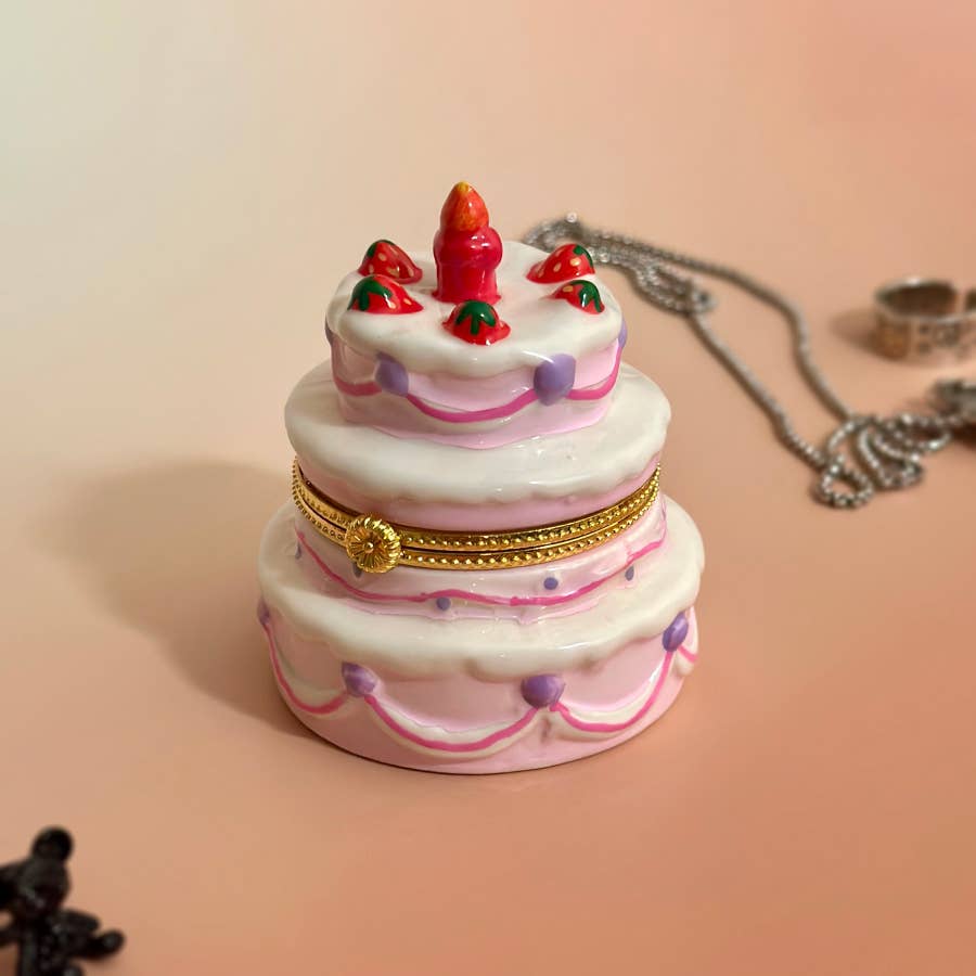 Strawberry Birthday Cake Hand Painted Trinket Box