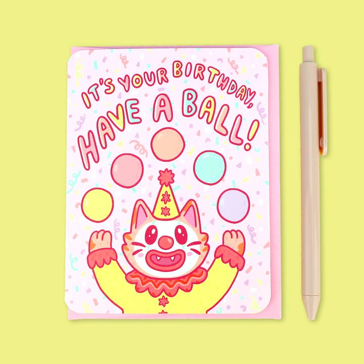 Have a Ball Cat clown Birthday Card