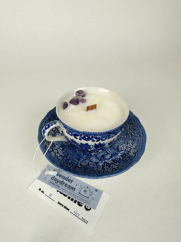 Lavender - Organic Soy Wax Candle, Blue China Teacup and Saucer