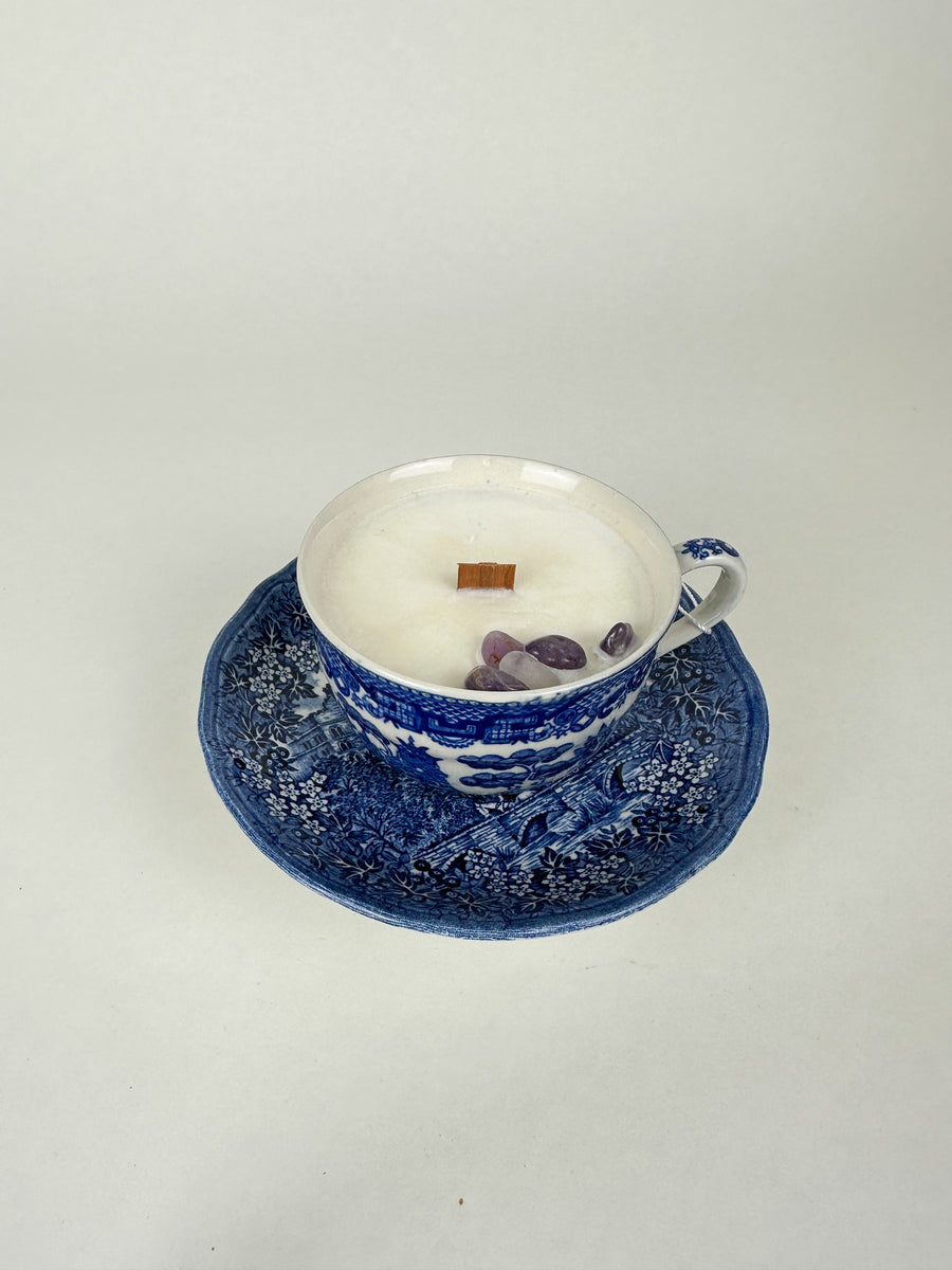 Lavender - Organic Soy Wax Candle, Blue China Teacup and Saucer