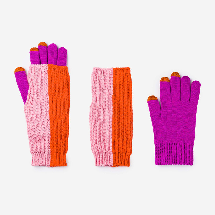 Chunky Colorblock 2-in-1 Gloves - Pink