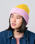 Colorblock Plush Knit Beanie - Yellow/Pink