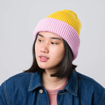 Colorblock Plush Knit Beanie - Yellow/Pink