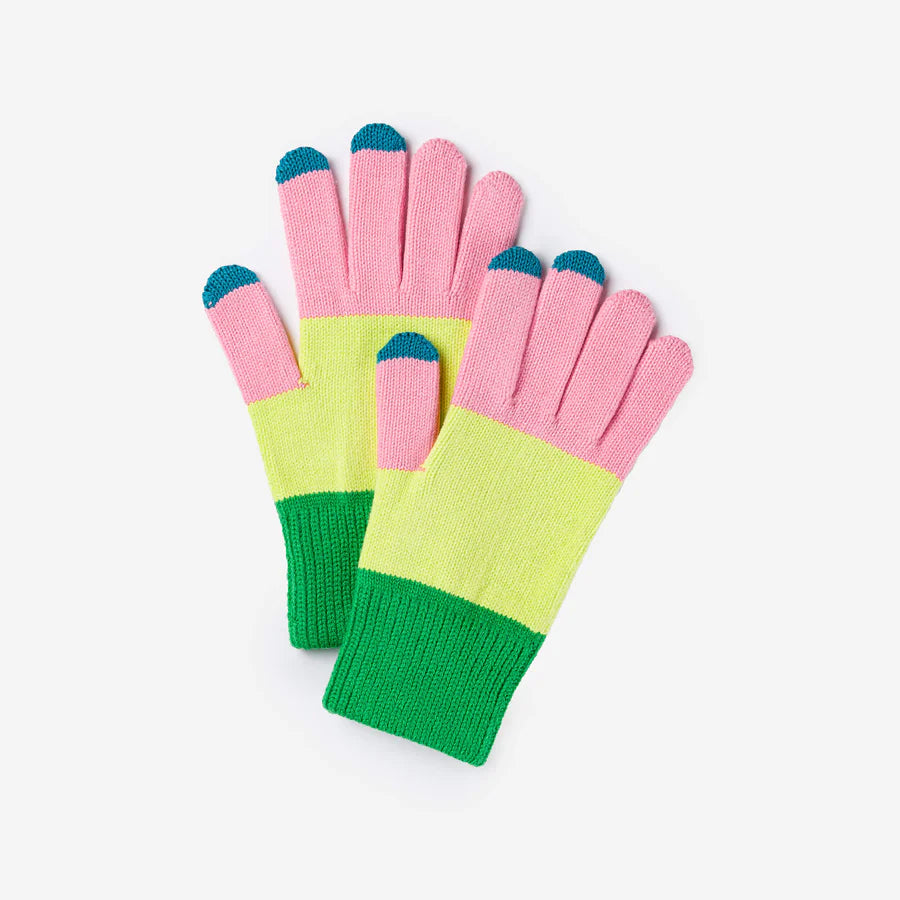 Trio Colorblock Knit Touchscreen Gloves - Green/Pink
