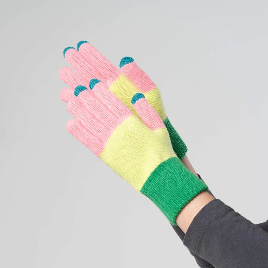 Trio Colorblock Knit Touchscreen Gloves - Green/Pink