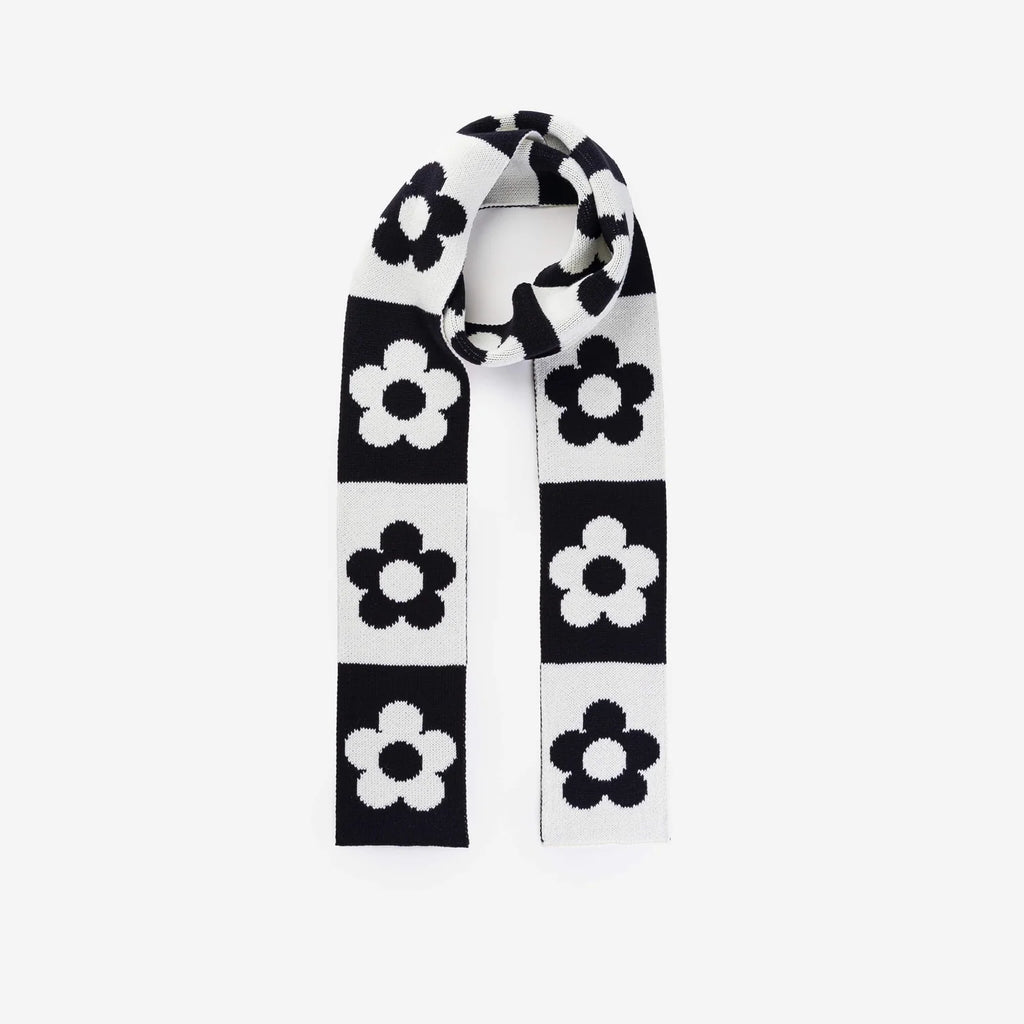 Flower Block Skinny Knit Scarf - Black White