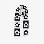 Flower Block Skinny Knit Scarf - Black White
